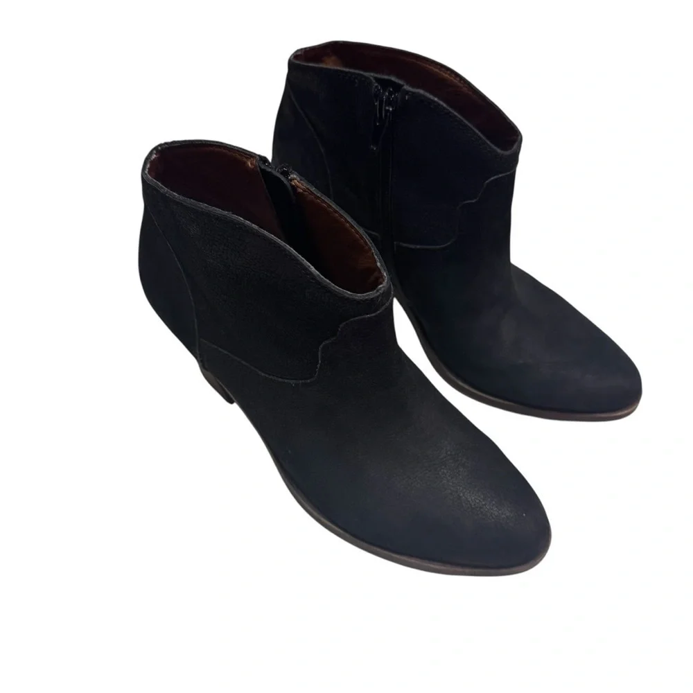 Lucky Brand Elle Ankle Boot Round Toe Black Leather Western Booties Size 9.5M